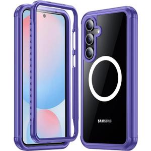 Miimall Strong Magnetic for S24 FE Case Full Body,[Built-in Screen Tempered Glass][Compatible with Magsafe][Military Shockproof Dropproof] Heavy Duty Cover Case for Samsung S24FE 6.7",Purple/Clear