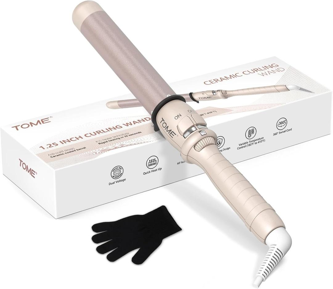 TOME 1.25 Inch (32mm) Large Barrel Curling Wand Hair Curler, Ceramic Curling Iron with 7 Heat Settings Dial 180410F, PTC Fast Heat, Dual Voltage 110240V, Auto Shut-Off, Cool Tip, Glove Included