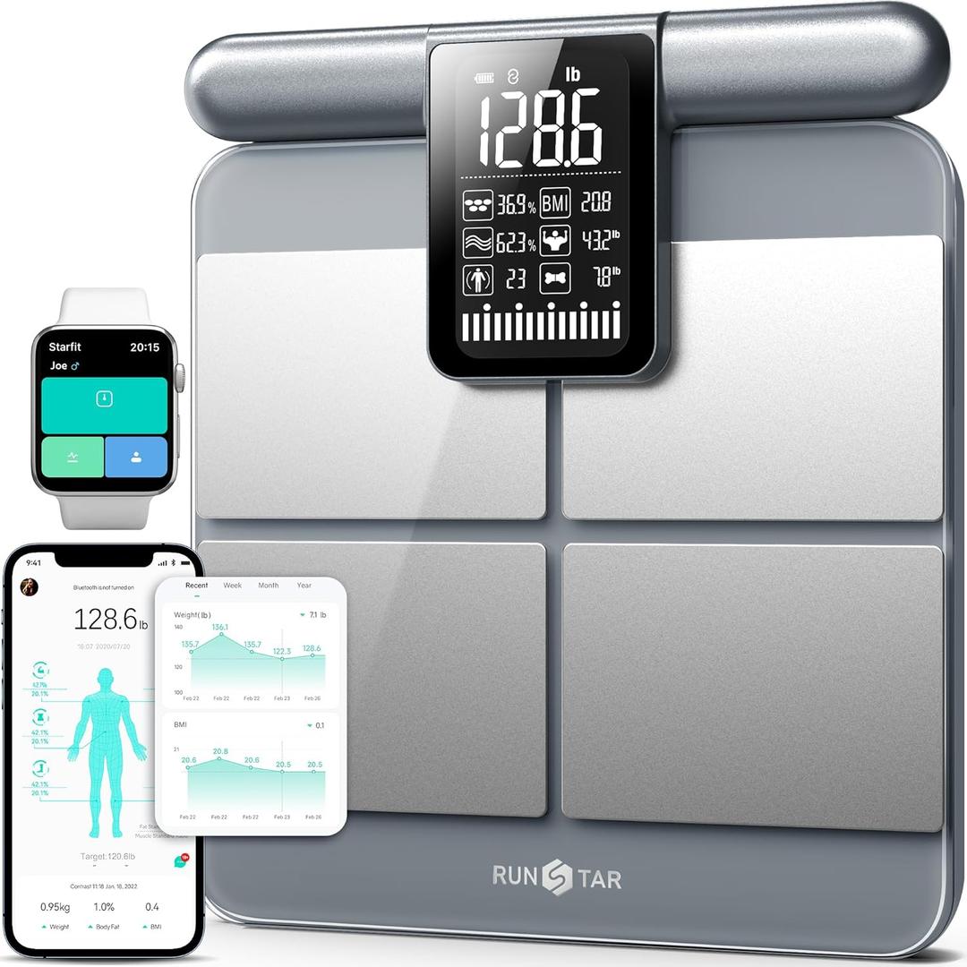 Runstar Scale for Body Weight and Fat Percentage, 8-Electrodes Precision Digital Smart Scale for BMI 22 Body Composition Measurement, Silver Bathroom Smart Scales with Large Display FSA HSA Eligible