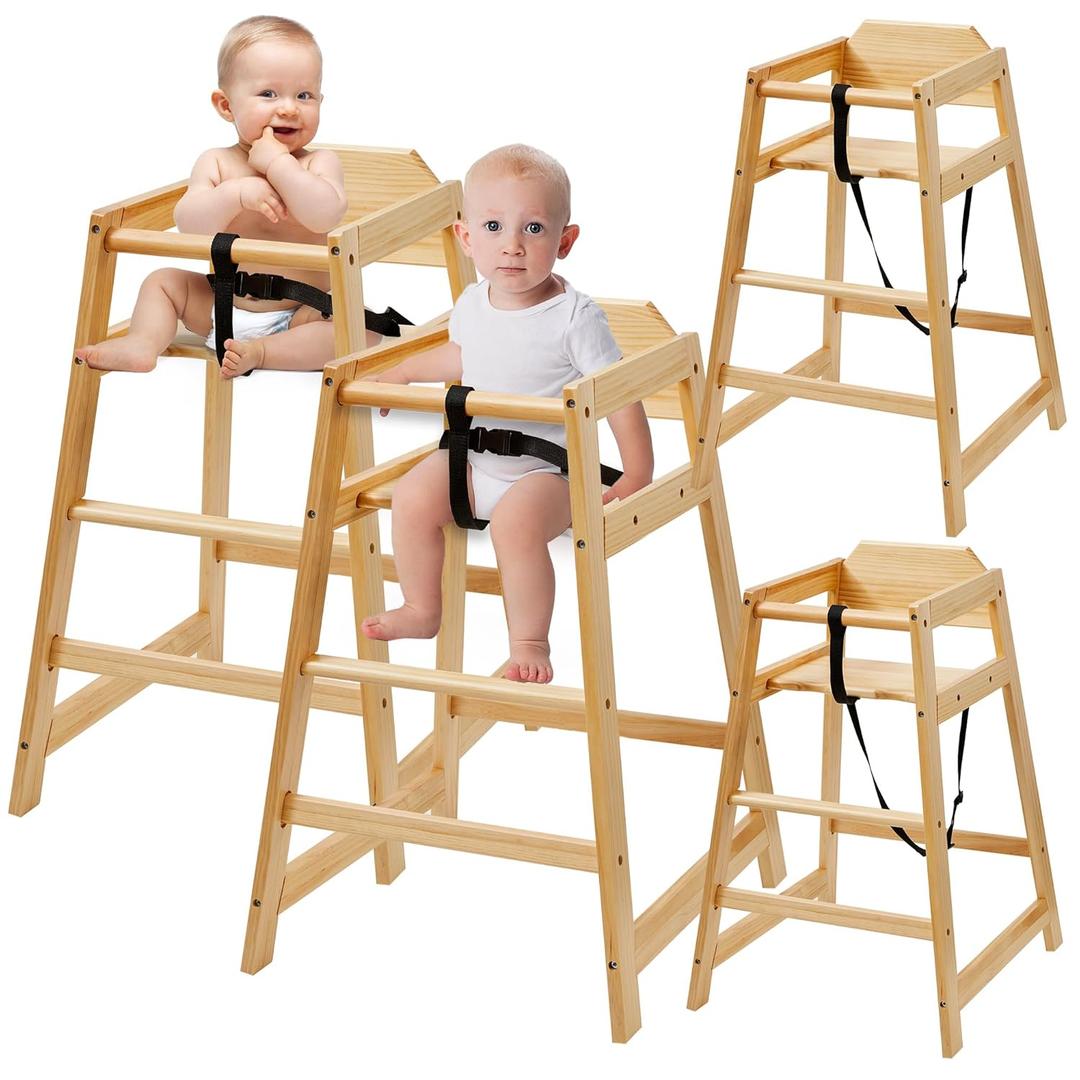 4 Pack Wooden High Chair for Babies & Toddlers, Restaurant-Style Stackable High Chair with Commercial Grade Solid Wood for Dining Table & Kitchen, Easy to Clean Baby Booster Seat - Natural (22"D x 20"W x 29.33"H)