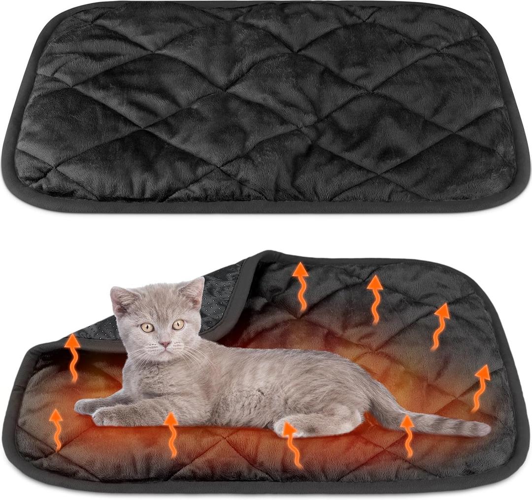 Clysee 2 Pack Self Heating Cat Mat Self Warming Pet Pads Washable Kennel Mat Dog Crate Pad Reflects Body Heat Non Skid Cat Thermal Pads for Puppy Indoor Outdoor(Black,16 x 20 Inches)