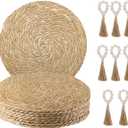 Woven Placemats Set of 8, 13.8" Natural Water Hyacinth Round Rattan Placemats with Wooden Beads Napkin Rings for Kitchen Dining Table Decor