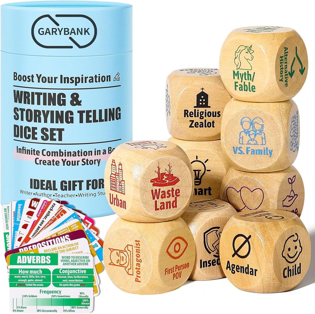 Garybank Creative Writing Prompts Dice Set - Writers Gifts, W/13 Writing Skill Cards - Story Writing/Telling Game for Kids & Adults - Set of 9 Story Cubes for Inspiration - Gifts for Teacher Christmas
