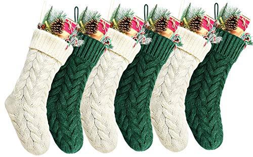 Kunyida Christmas Stockings, 20 Inch Ivory and Green Cable Knit Stockings Christmas Holiday Decoration, 6 Pack