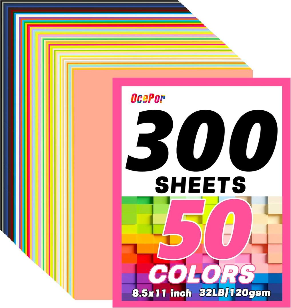 OcePor 300 Sheets Colored Cardstock 50 Colors, 8.5x11 Color Cardstock Bulk, 120gsm/32lb Assorted Colors Construction Paper for Printing, Card Making, Die Cutting, Crafts, Scrapbooking, Party