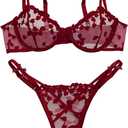 Lilosy Sexy Underwire Cute Push Up Strappy Embroidered Mesh Sheer Lingerie Set See Through Panty Bra (XL)
