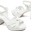Women's Platform Heels Chunky Heeled Sandals, Ankle Strappy Round Open Toe Dressy Shoes Wedding Party High Pump Heels for Women. (9.5, White 086)