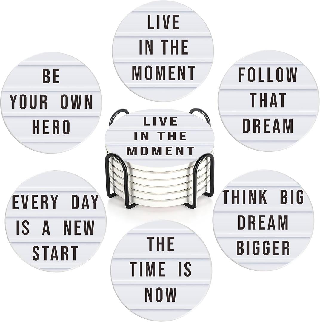 Coasters Set with Holder, 6 Pcs Motivation Quote Absorbent Ceramic Drink Pads, Non-Slip Table Protectors for Coffee & Glasses