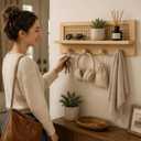 Rattan Wall Shelf with 4 Hooks, Entryway Key Holder & Coat Rack Wall Mount
