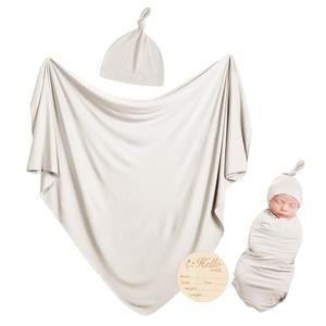 Rayon Made from Bamboo Newborn Swaddle Blanket Set with Matching Beanie, Super Soft Stretchy Baby Clothes Outfit for Girl Boy, Receiving Blankets Newborn Essentials, 47 x 47 Inch