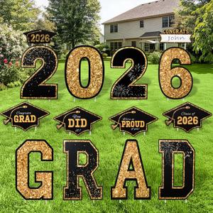 JOYIN 14 Pcs Graduation Yard Signs Class of 2026, Black & Gold Congrats Grad Lawn Stakes with 28 Stakes for 2026 Graduation Party Decorations Outdoor, College High School Party Supplies