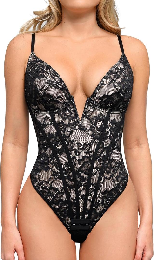 Popilush Shapewear Bodysuit for Women Deep V Neck Sleeveless Lace Corset Bodysuits Tummy Control Tank Tops (3X-Large, Dark Black)