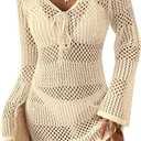 Bsubseach Women Swimsuit Crochet Coverup Long Sleeve V Neck Beach Knit Bathing Suits Cover Ups Mesh Bikini Hollow Out Dress (Small, Apricot)