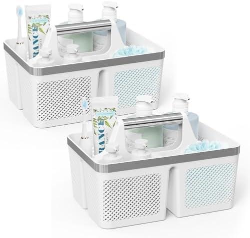 BYUNER 2Pack Shower Caddy Dorm: Portable Bathroom Caddy Organizer with Handle and Holes, Plastic Cleaning Caddy, Hard Shower Basket Storage Tote for Toiletry, College Dorm Room Essentials White/Silver