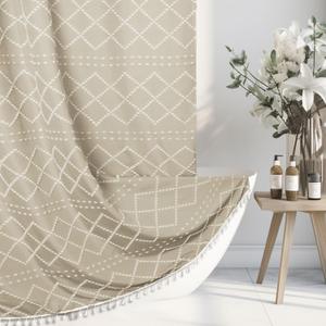 Siiluminisoy Beige Boho Woven Fabric Cute Shower Curtain, 72 x 72 Tufted Chevron Textured Striped Modern Farmhouse Minimalist Cloth Shower Curtain for Bathroom