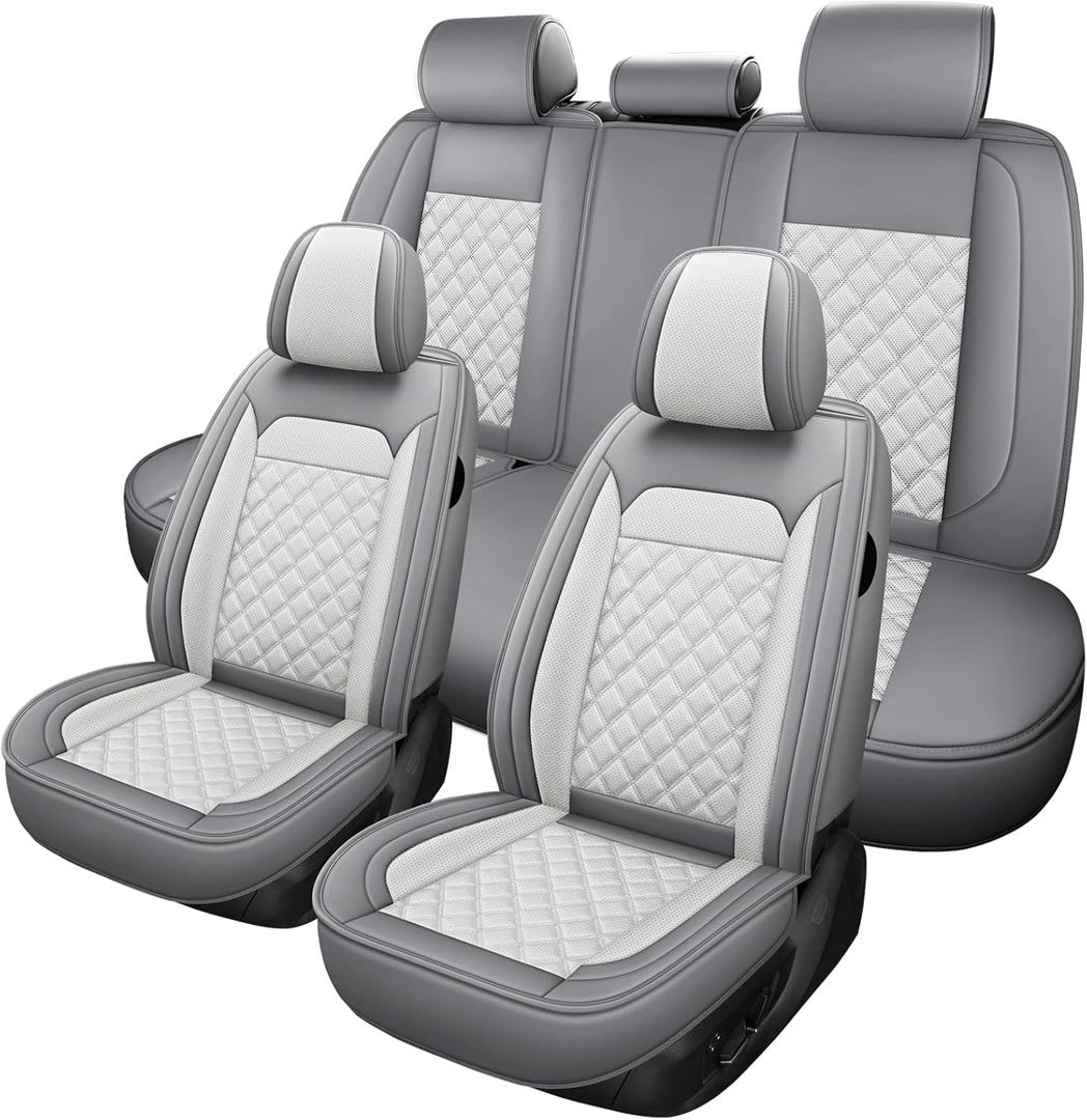 Car Seat Cover, Seat Covers for Cars, Luxury Faux Leather Waterproof Seat Covers, Car Seat Protector Accessories Universal Fit Most Vehicles GreyWhite Full Set