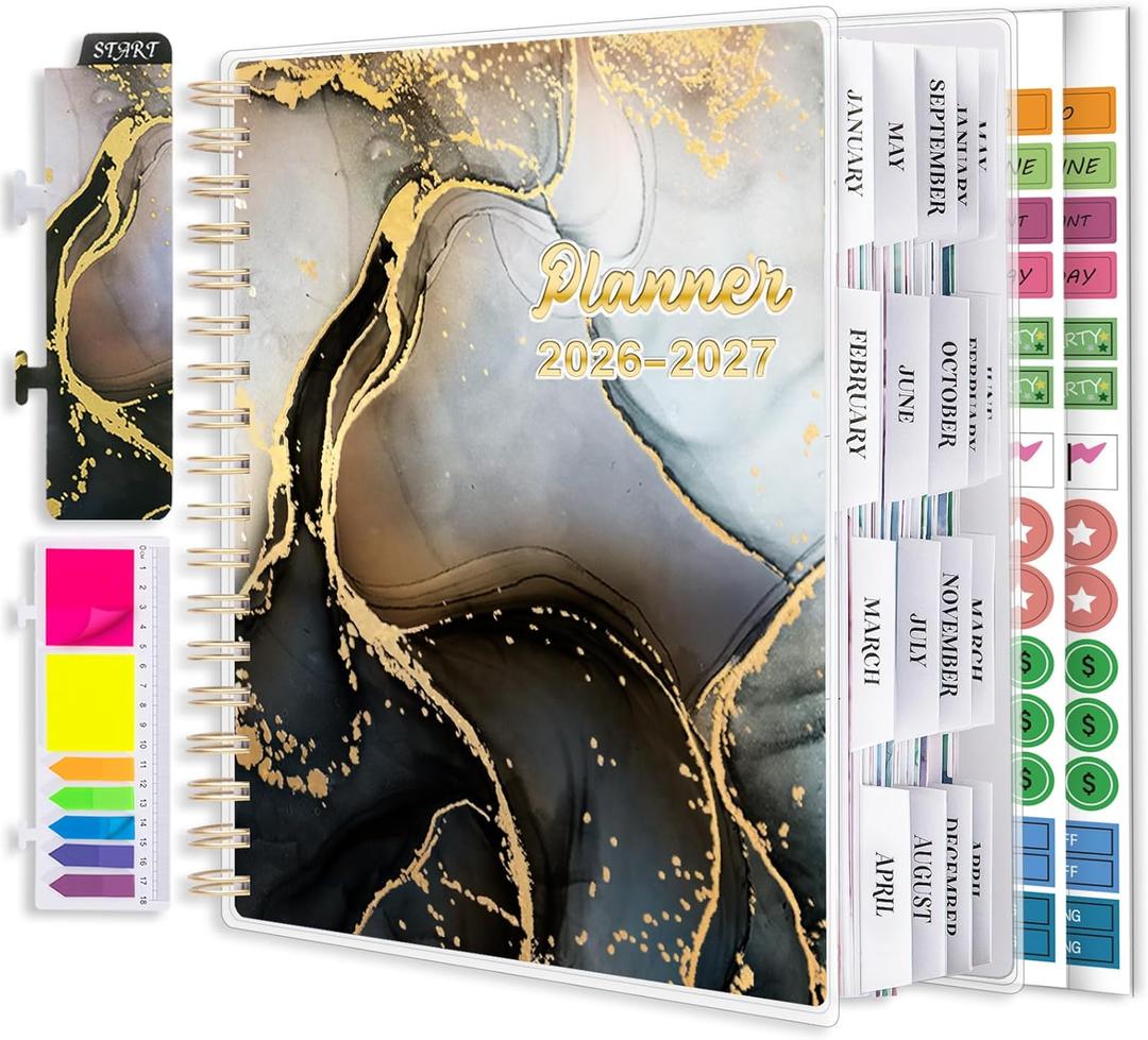 Planner 2026-2027, Large 18 Months Academic Daily Weekly Monthly Planner Yearly Agenda Jan. 2026June. 2027, 7.9" x 9.8", Page Tabs, Separator Page, Pocket Folder, Bookmark, Stickers, Sticky Note Set (Black)