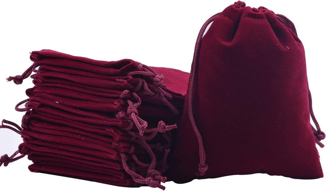 Sansam 50pcs Small Drawstring Velvet Jewelry Pouches, 4.0x4.8 Inch Wine Drawstring Velvet Gift Bags,Treat Favor Bags for Wedding, Party, Shower