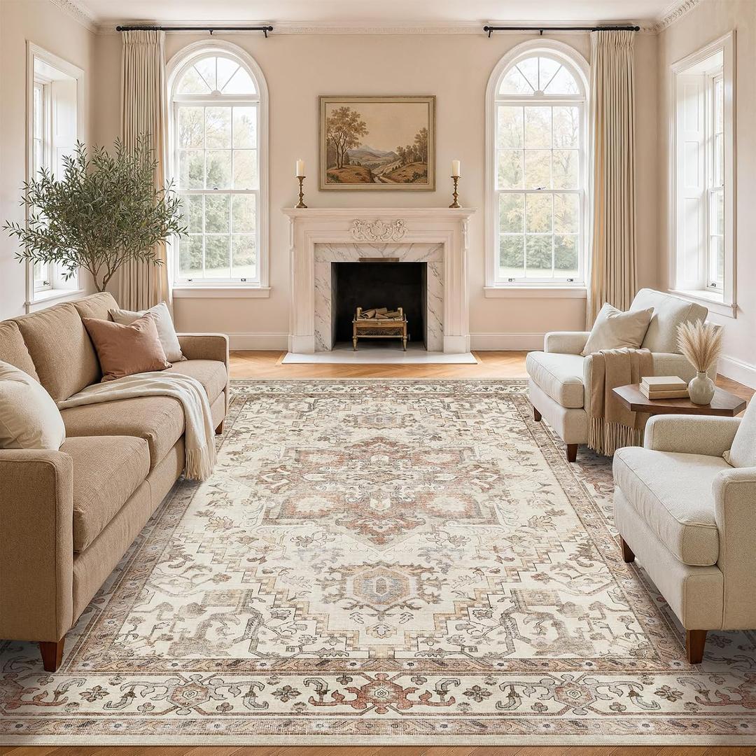 Washable Rug 11x14 Area Rugs: Boho Vintage Distressed Oriental Medallion Neutral Thin Large Rug Carpet for Living Room Bedroom Dining Room Home Office Decor - Beige