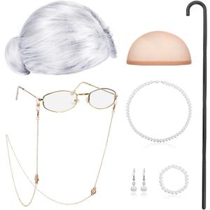 BBTO 100 Days of School Old Lady Costume for Kids Grandma Gray Wig Walking Cane Glasses Chain Cords Faux Pearl Bead Necklace