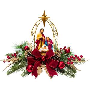 Lighted Christmas Nativity Scene Decoration Nativity Figurines Scene for Xmas with Timer Gold Arch Pine Needles Red Berries and Red Bow for Xmas Holiday Decorations