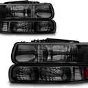 Headlight Assembly Compatible with 1999-2002 Chevy Silverado 1500 2500/2000-2006 Suburban 1500 2500 Tahoe, Headlamps with Bumper Lights, Fit OE Grill (Smoke Lens Amber Reflector)