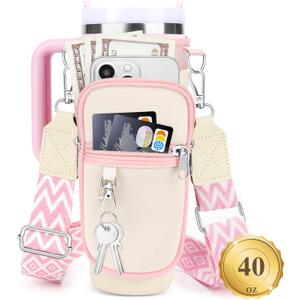 Water Bottle Carrier Bag with Strap for Stanley 40/30 oz Tumbler with Handle, Water Bottle Holder Pouch with Phone Pocket for Stanley Cup Accessories, fit Walking Hiking Travel (Cream&Pink)