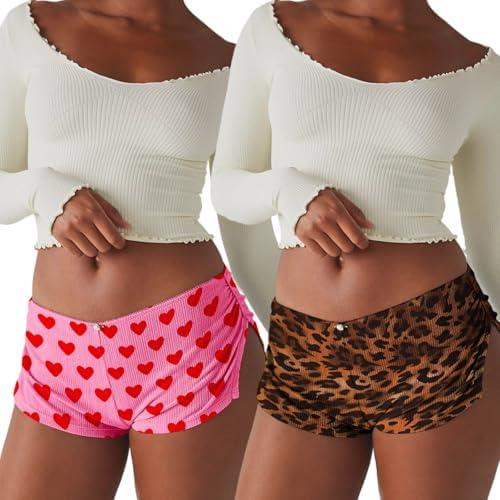 FaroDor 2-Pack Cute Micro Pajamas Shorts for Women Low Rise Side Slit Sleepwear Short Ruched Lounge Shorts Pj Bottoms Medium