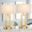 22 Table Lamps for Bedrooms Set of 2, Gold Bedside USB Desk Lamp with AC Outlet, Touch Control Modern Vintage Living Room Table Lamp for Nightstand End Table, 3-Way Dimming with 2 E26 Edison Bulbs