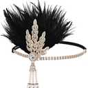 GORTIN 1920's Flapper Feather Headband Art Deco Headpiece Inspired Leaf Medallion Pearl Headband (Black/Gold)