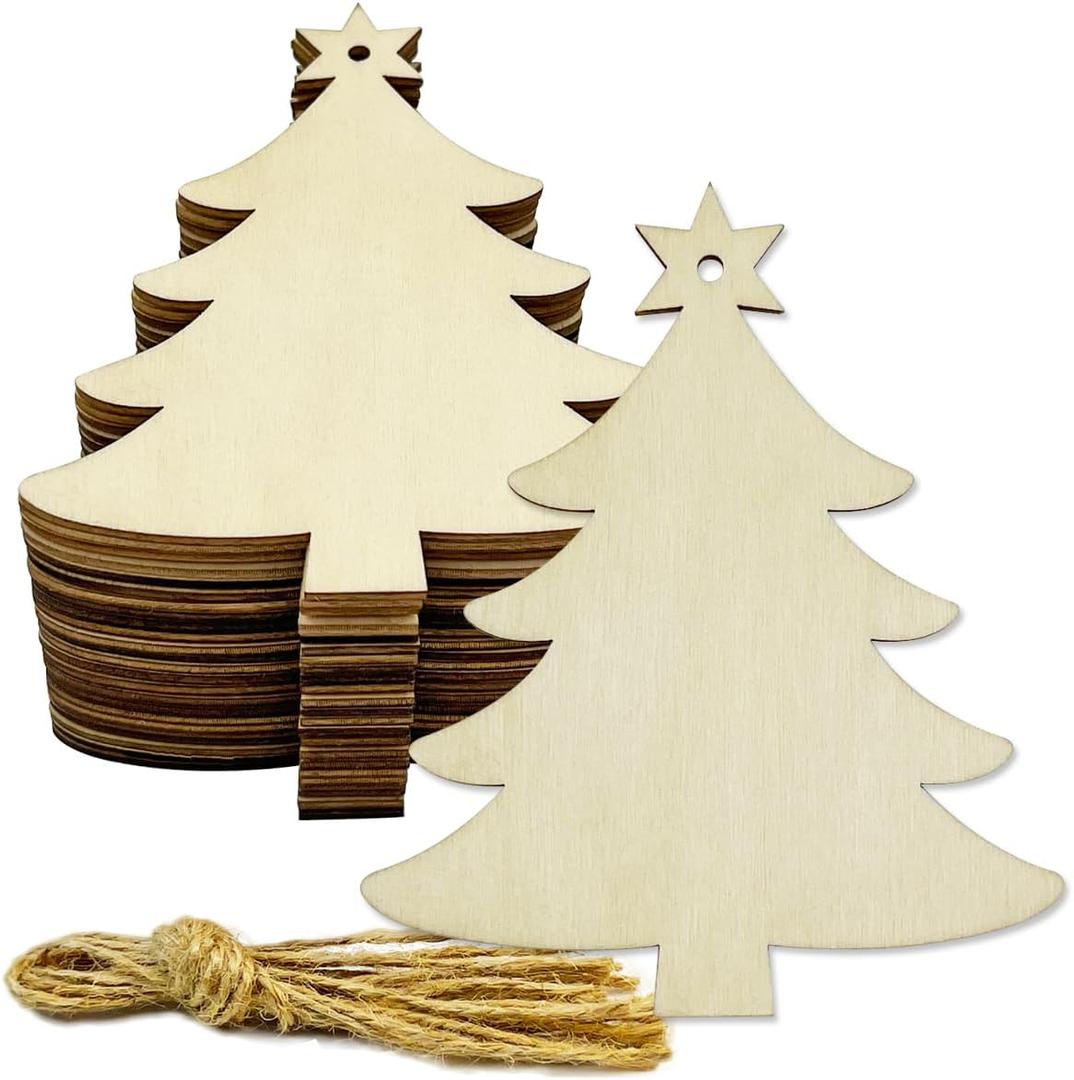 30pcs 4 inch Wooden Christmas Tree Cutouts Crafts Embellishments Unfinished Christmas Tree Hanging Ornaments Blank Christmas Tree Wood Cutouts Slice with Ropes for DIY Crafts Christmas Xmas Decoration