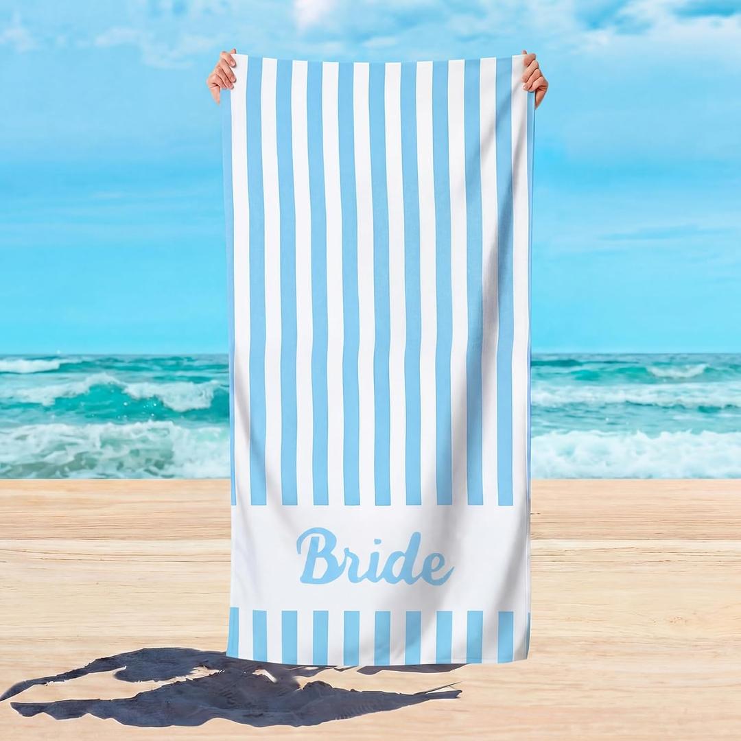 Breling 1 Pcs Bride Blue Striped Beach Towel for Honeymoon and Bachelorette Party, Bride Beach Towel Coastal Bridal Shower Gift Bridesmaid Favors Gift for Wedding Engagement Party Supplies(Classic)