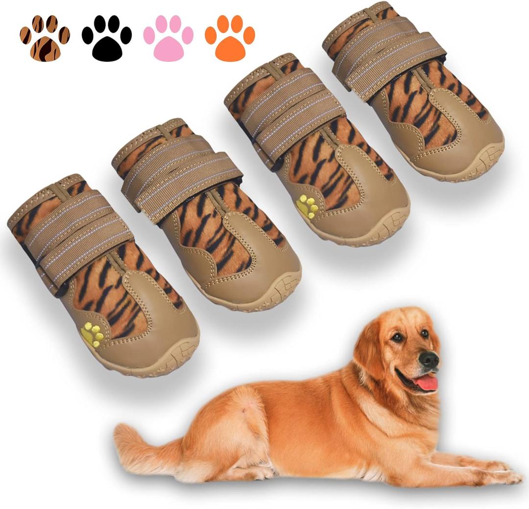 XSY&G Dog Boots,Waterproof Dog Shoes,Dog Booties with Reflective Strips Rugged Anti-Slip Sole and Skid-Proof,Outdoor Dog Shoes for Medium Large Dogs 4Pcs Leopard-Size 8