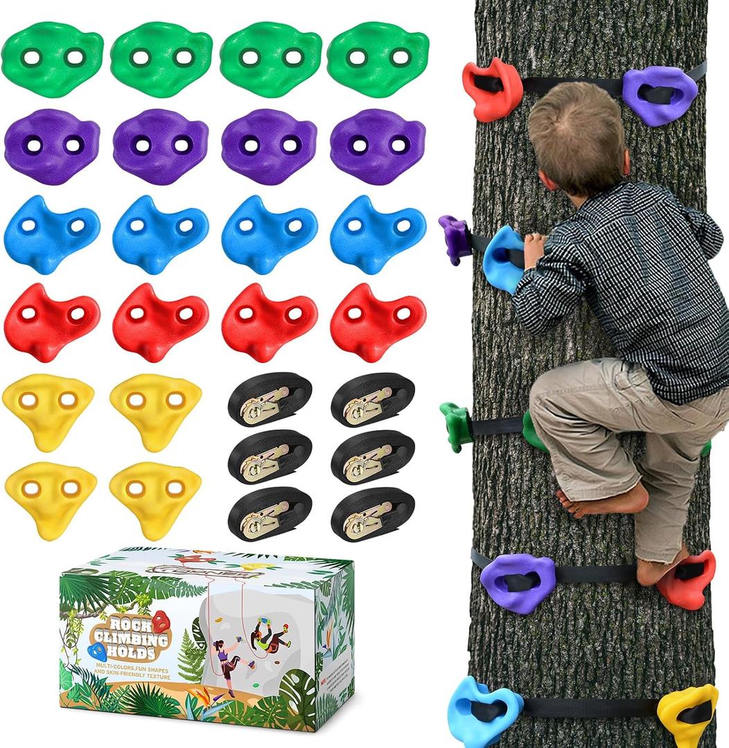 20 Ninja Tree Climbing Holds for Kids Climber, Adult Climbing Rocks with 6 Ratchet Straps for Outdoor Ninja Warrior Obstacle Course Training, 20 Pcs