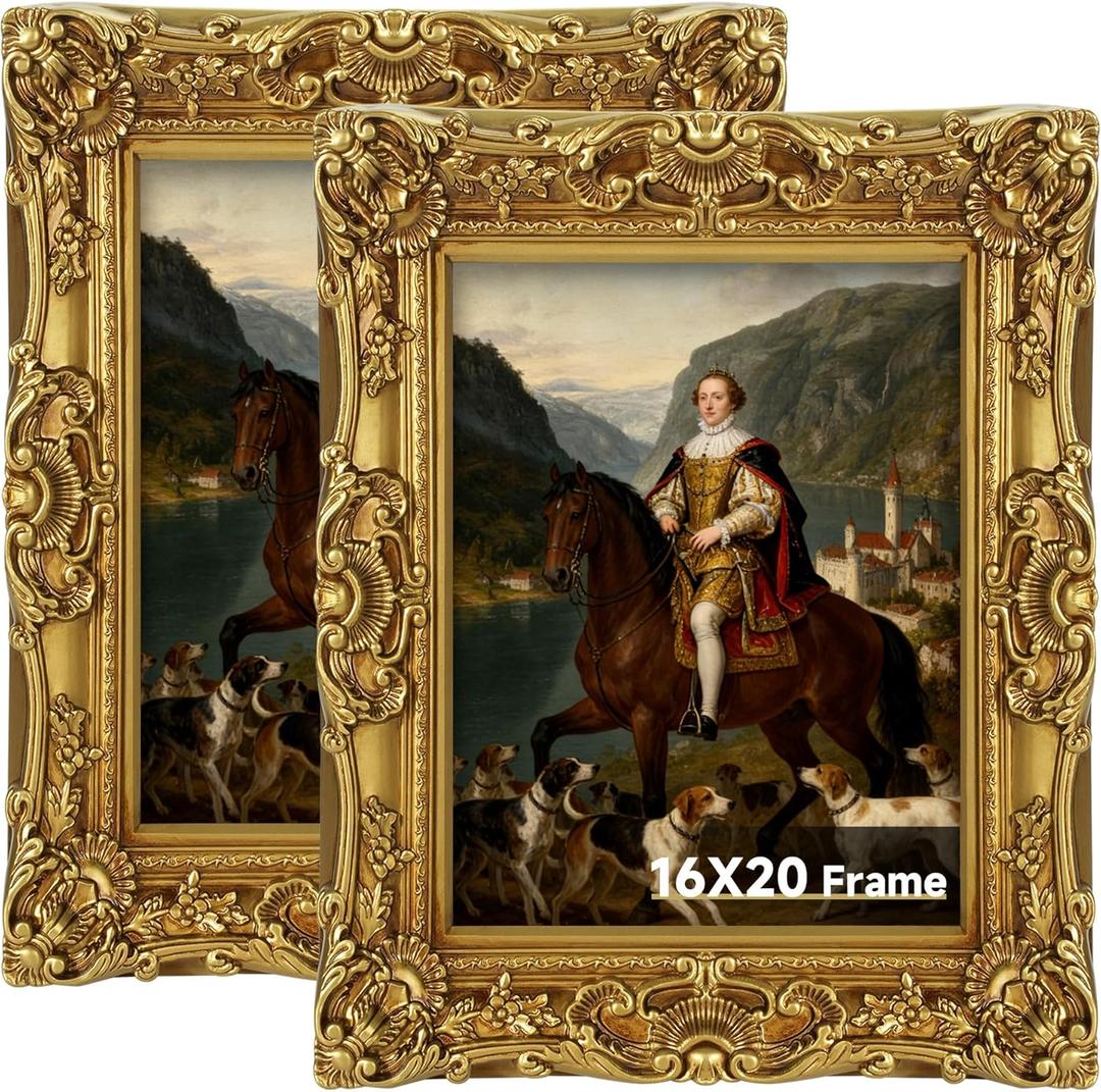 16x20 Gold Picture Frames 2 Pack, 16 x 20 Vintage Photo Frame Set for Wall Hanging, Large Antique Brass Poster Frame with Glass, 20x16 Ornate Thick Victorian Frames for Art Prints Gallery Home Decor