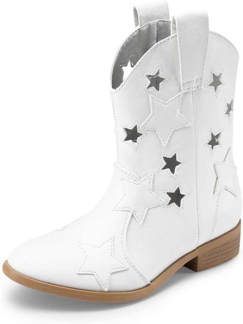 DREAM PAIRS Girls Cowgirl Boots Cowboy Western Mid Calf Star Boots for Kids (2 Little Kid, White-holes)