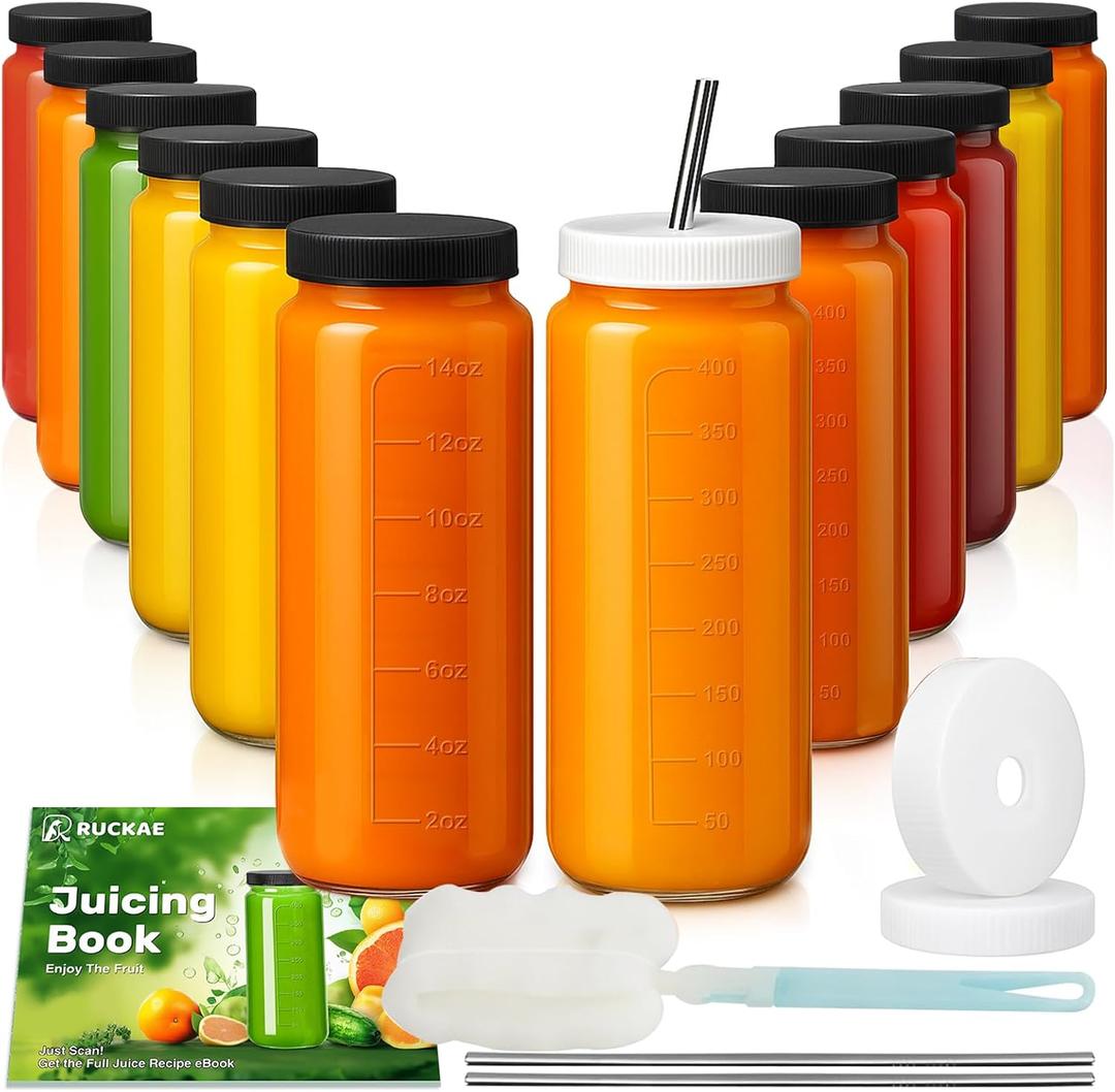 Ruckae 16oz 12 Pack Juice Bottles, Glass Bottles Juicing with Lids, Smoothie Cup Lids and Straws, Water Bottle Mason Jar Drinking Glasses for Juicing, Smoothies, Kombucha (Transparent)