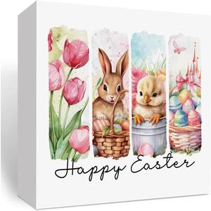 Easter Bunny Decor, Easter Floral Spring Decor, Pink Happy Easter Decor, Easter Eggs Decor, Easter Coquette Girls Gift, Wooden Box Decor for Rustic Home Bedroom Living Room Table Shelf Office