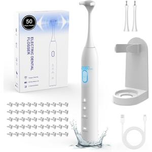 Voraiya Electric Flosser for Teeth Dental Floss 3 Modes + 50 Replacement Heads | Tongue Scraper | Gum Care | Water Flosser Alternative | Dentist Invented Dental Flosser for Adults & Kids (White)