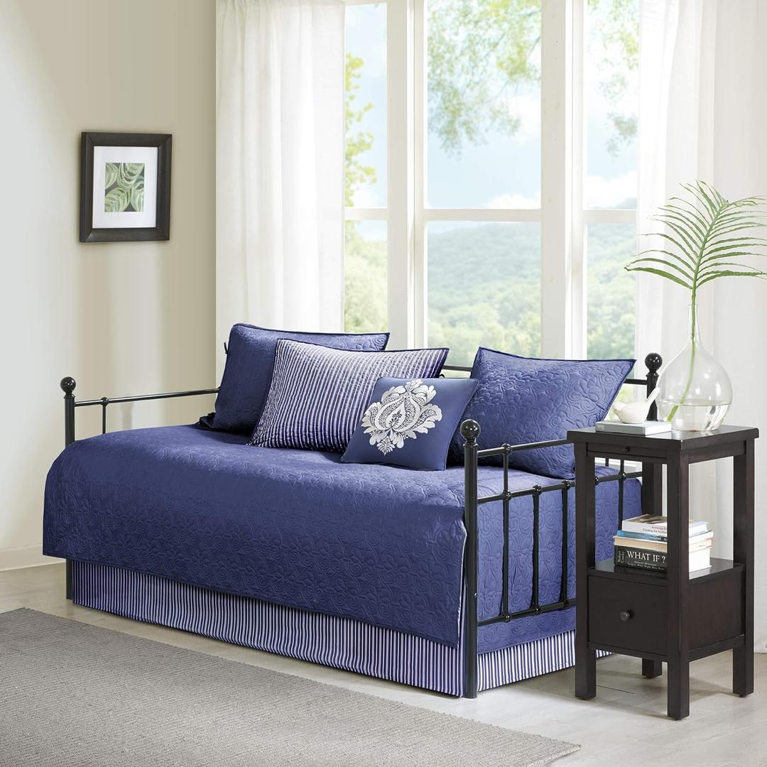 Madison Park Cotton Daybed Cover Set-Double Sided Quilting Classic Cottage Design All Season Bedding with Bedskirt, Matching Shams, Decorative Pillow, 75"x39", Quebec Navy 6 Piece