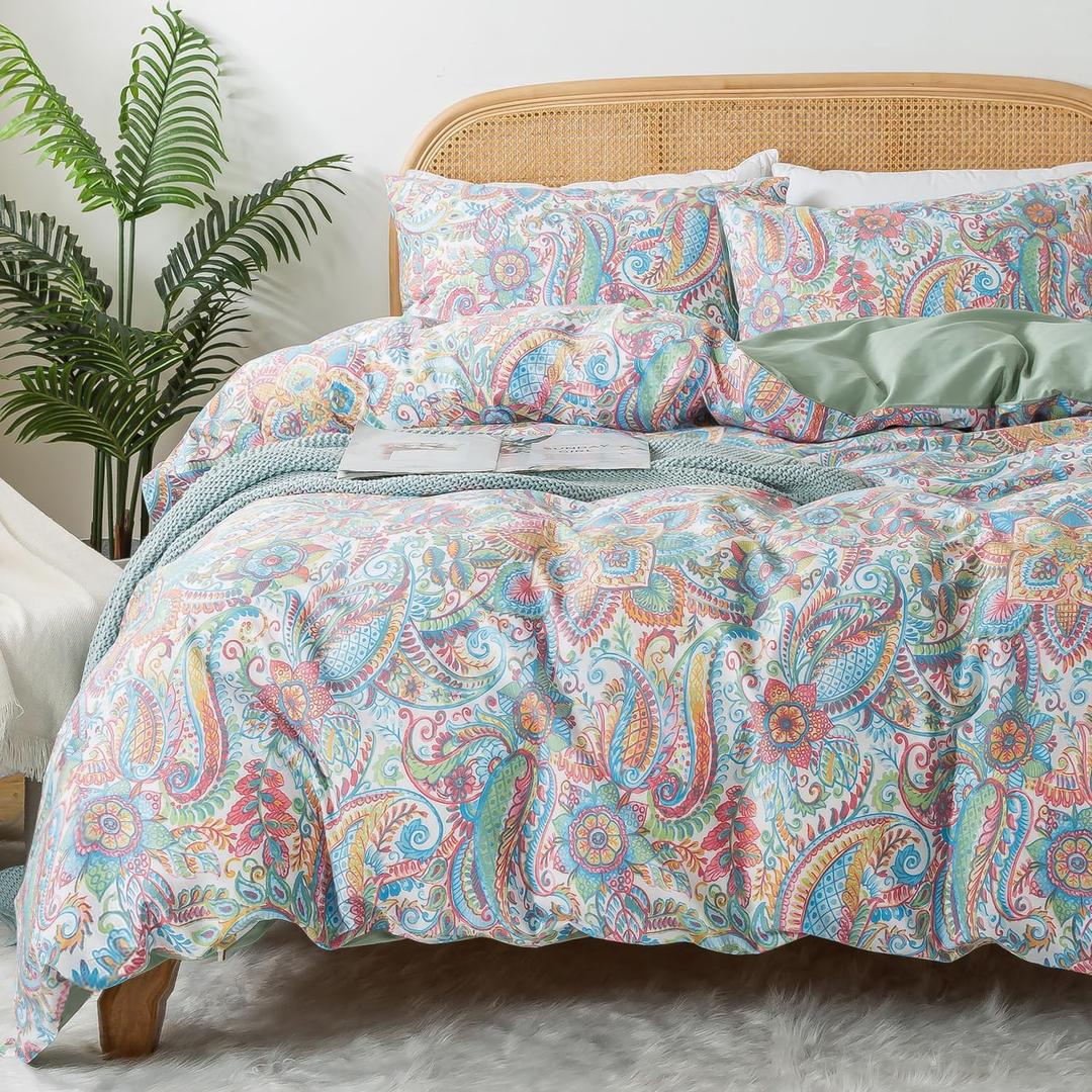Zusbest Pink Green Duvet Cover Set King Size 100% Percale Cotton Paisley Comforter Cover Floral Printed Watercolor Bedding Luxury Crisp Soft Reversible Colorful Bedding 3Pcs, King
