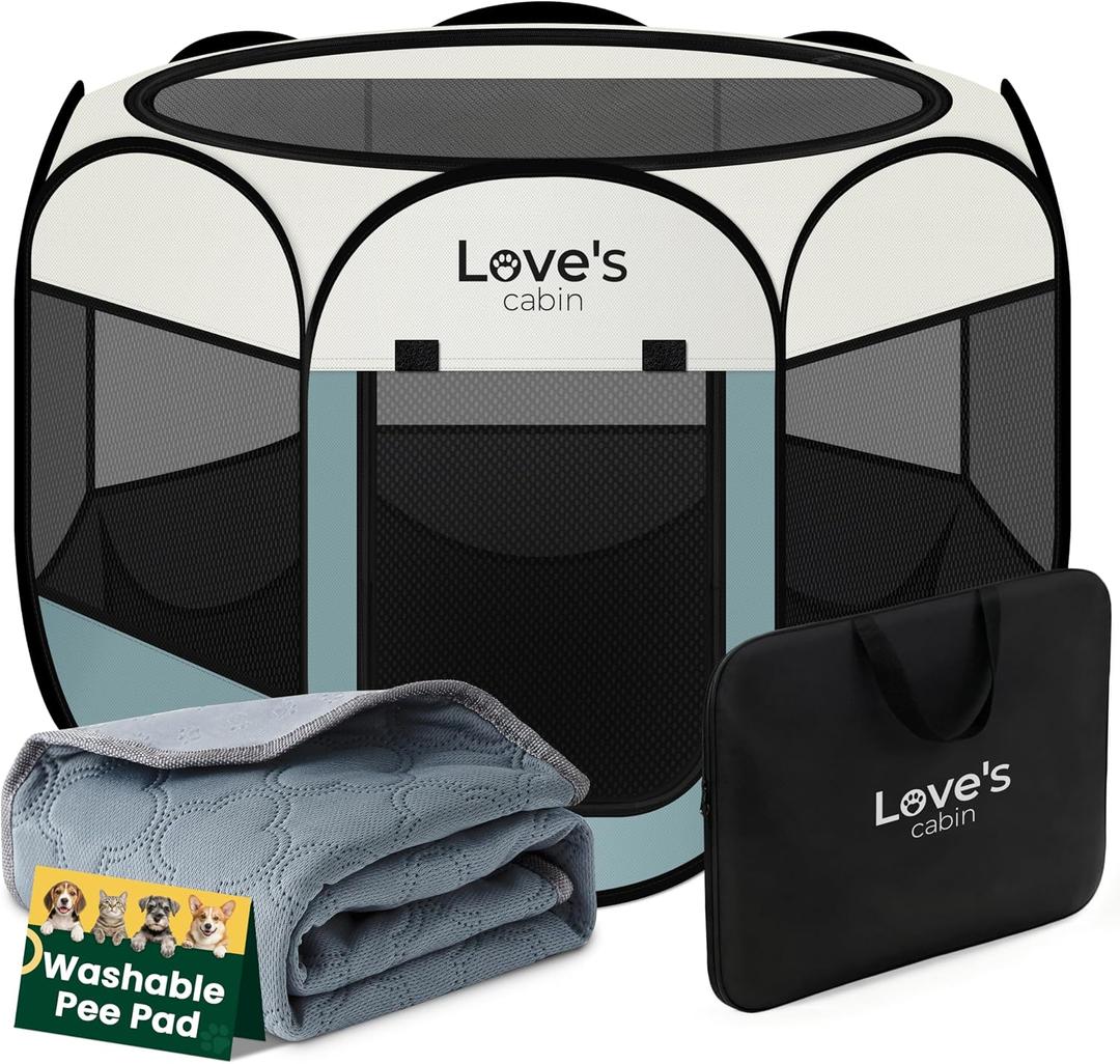 Love's cabin Dog Playpen with Washable Pee Pad, Puppy Pet Cat Playpen Small Dogs Tent Crate Indoor/Outdoor, Portable Pop Up Kennel with Carrying Case for Cats/Rabbits(Moss Green) 25x15