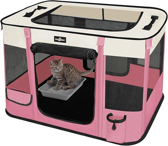 Paw Ballet Foldable Pet Kitten Playpen, Upgrade Waterproof Portable Cat Dog Playpen Kennel Tent for Dog Cat, Retractable Shade Cover with Free Carrying Case, Indoor Outdoor Use for Small Pet, Pink, Medium(32''×24''×21.5'')