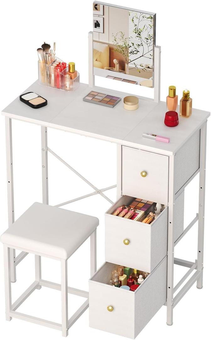 27.5" Small Vanity Desk with Mirror & Chair, Compact Makeup Vanity Set with Chair, Small Dressing Table with 3 Fabric Drawers for Bedroom, Make up Table with Stool for Girls, Kids, Teens, White
