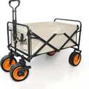 Collapsible Wagon, Portable Folding Wagon, Heavy Duty Utility Carts, Beach Wagon Cart with Side Pocket and Brakes, Beige Outdoor Camping Wagon with Large Capacity