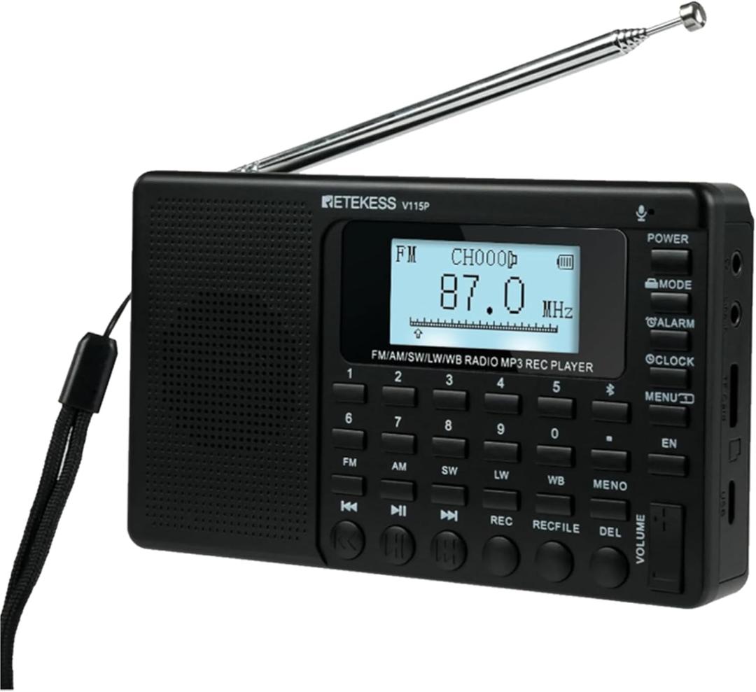 Retekess V115P Portable Shortwave Radio,Rechargeable AM FM SW WB Radio,Wireless Connection,1800mAh Battery,Digital Tuner,TF/AUX,Recording,Flashlight,Sleep Timer,Alarm Clock,for Emergency,Camping