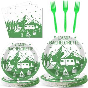 2 x 100 PCS Camp Bachelorette Party Supplies Tableware Set Mountain Camp Bachelorette Party Decorations Favors Paper Plates Napkins Forks for Girls Bridal Shower Wedding Engagement Serves 25 Guests