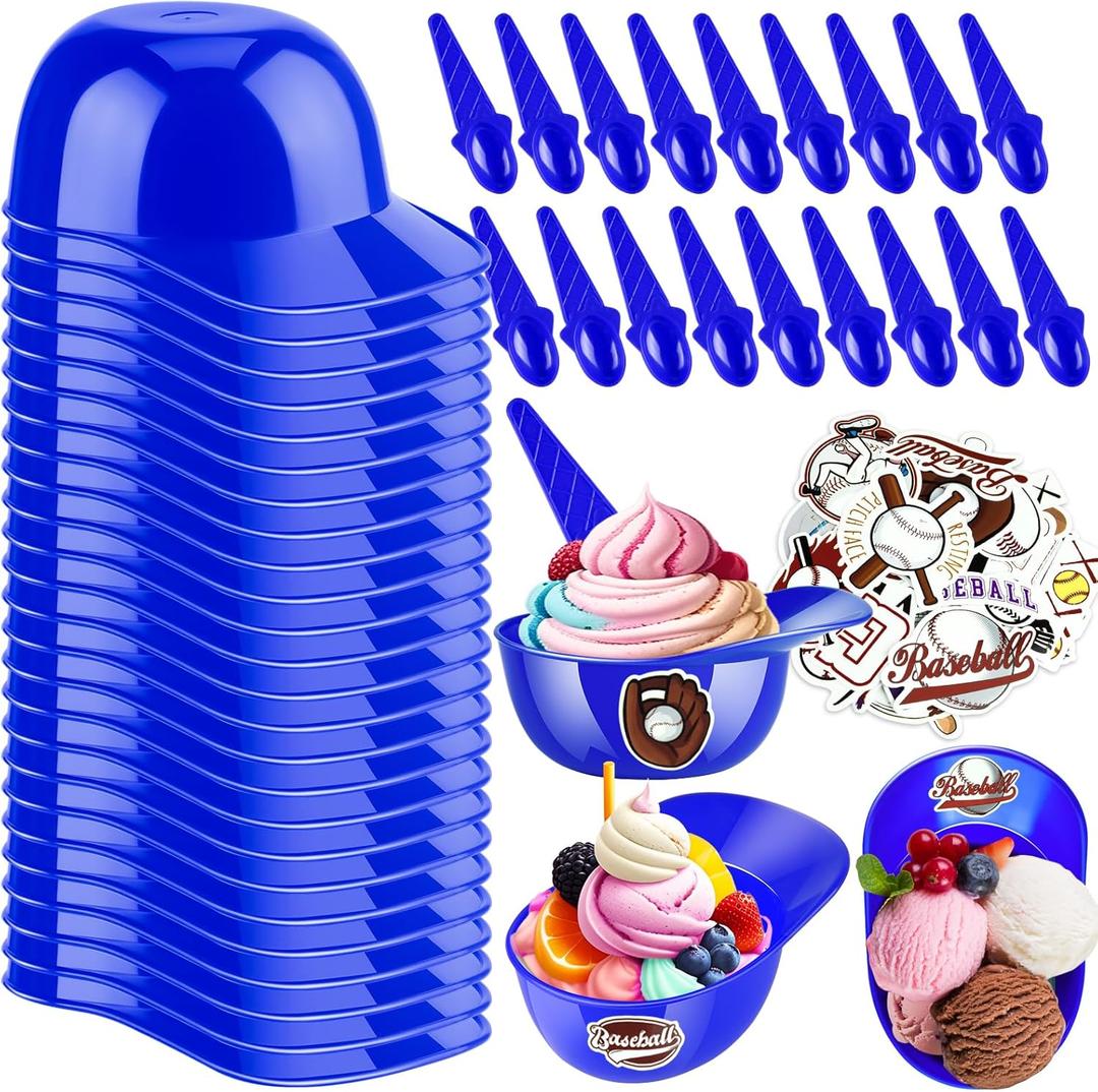 MEEZY 50 Set Baseball Helmet Ice Cream Bowls with 25 Mini Dessert Cups and 25 Spoons, 8oz Reusable Baseball Cap Snack Dessert Cup Bowls Baseball Party Favors for Kids Sports Birthday Party Supplies (Blue)