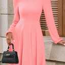 PRETTYGARDEN Womens A Line Long Sleeve Mini Dress | Soft Stretchy Ribbed Knit, Crew Neck High Waist, Flowy Babydoll Dresses with Pockets, Fall Fashion Party Going Out Wear (Pink, L)