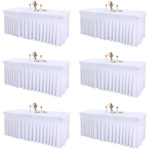 6 Packs White Tableclothes for 8 Foot Rectangle Tables, Wrinkle Resistant Fitted Table Cloth Stretch Spandex Table Covers with Skirt for Event Banquet Wedding Birthday Party, 96" x 30"